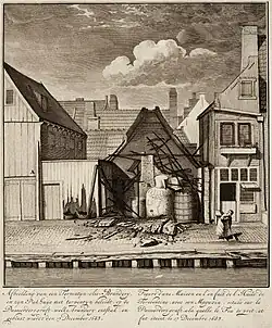 A partially burned down turpentine oil burner on the Passeerdersgracht (1690).