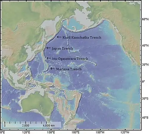 Image 84The map depicts the Kuril–Kamchatka Trench, Japan Trench, Izu–Ogasawara Trench, and Mariana Trench. (from Geography of Japan)