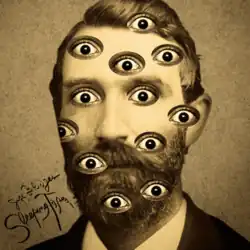 A dark green-tinted drawing of a man with a long beard covered in eyes