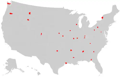 Map of the United States with counties named Jefferson in red