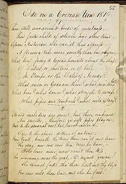 Manuscript in George Keats's hand titled "Ode on a Grecian Urn 1819." It is a fair copy in pen and ink of the first two verses of the poem. The writing is highly legible, tall and elegant, with well-formed letters and a marked slope to the right. The capital letters are distinctive and artistically formed. Even-numbered lines are indented with lines 7 and 10 are further indented. A scallopy line is drawn beneath the heading and between the verses.