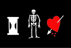 Boston News Letter described the flag of John Phillips as "Their own dark flag, in the middle of which an anatomy, and at one side of it a dart in the heart, with drops of blood proceeding from it; and on the other side an hour-glass."[25]