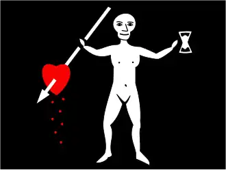 John Quelch's Old Roger flag is described as having "in the middle of it an Anatomy with an Hourglass in one hand and a dart in the Heart with three drops of Blood proceeding from it in the other."[71] However, there is no evidence whatsoever that Quelch flew any flag other than the Flag of St. George or possibly a privateer's flag of St. George quartered on a red background similar to today's British merchant colors. Courtroom testimony from the crew maintained that the flag of England had been flown at all times.