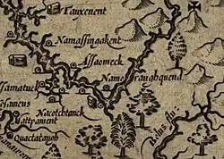Detail from John Smith's 1624 map of the Chesapeake region that features present-day Arlington County area, which is oriented toward the West. The Nameroughquena settlement is near the center along the Potomac River