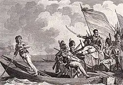 Engraving showing General Jordy, wounded and carried on a stretcher by his soldiers.