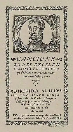 The cover page of Cancionero del excelentissimo poeta George de Monte mayor, featuring an engraving of the head of a white man with a moustache.