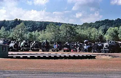 a photograph of locomotives at the turntable at Steamtown, U.S.A., Bellows Falls, Vermont