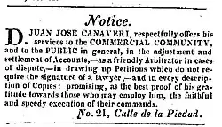 announcement of Juan José Canaveri, offering his legal services to the community.