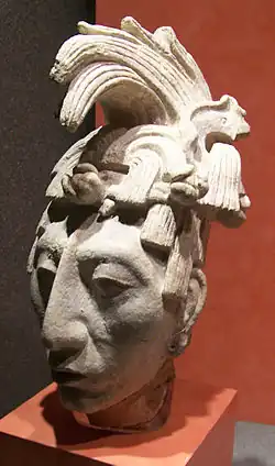 Portrait of K'inich Janaab Pakal I (Maya; 615–683; stucco; height 43 cm; National Museum of Anthropology[70]