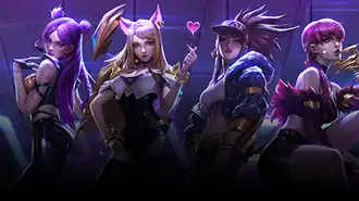 K/DA, from left to right: Kai'Sa in a striking pose, Ahri doing a love gesture, Akali and Evelynn sitting