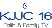 A silver and blue symbol resembling a flame. Beneath it, in large blue text, "KJJC-TV 16". Beneath that, in smaller gray text, "Faith & Family TV".