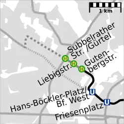 Map of the tunnel from Friesenplatz to Gutenbergstraße