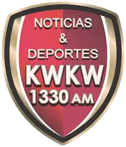The words Noticias, an ampersand, and Deportes on three lines in white above the call letters and frequency K W K W 1330 AM (on two lines) on a red and gold shield with black trim