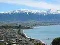 Town of Kaikoura with Seaward Kaikoura Range in background.