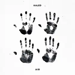 Four black handprints on a white background. Above and below the prints, the words "KALEO" and "A/B", respectively, are written in black.