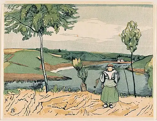 Colour print of a riverside landscape with a small figure in the bottom right