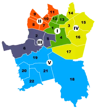 Map of Katowice, showing its 5 districts and 22 neighbourhoods.