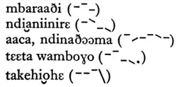 Each word or phrase is on its own line, followed by a series of dashes representing the pitch within parentheses: mbaraaði / ndi͜aniinirɛ / aaca, ndinaðɔɔma / tɛɛta wamboɣo / takehi͜ohɛ