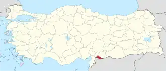 Kilis highlighted in red on a beige political map of Turkeym