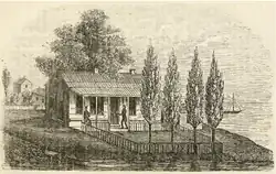 Black and white sketch of a well-kept log house, with multiple windows, a front porch, fence and landscape. Two people are on the porch.
