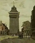 Klokhuisplein, Haarlem in 1804 showing the gateway to the former location of the hofje on the left (the hofje moved in 1872 to the spot near the Haarlem railway station).