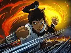 Korra dual wielding fire and ice in combat.