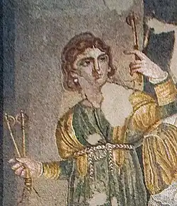 4th century A.D., Byzantine Empire. Krotala player, from the Mosaic of the Female Musicians, Mariamin. The crotala and cymbala were played by musicians in the same group.