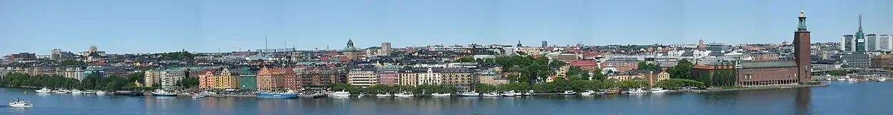 Panorama of Kungsholmen, view from Södermalm. The City Hall is on the far right (June 2005, collage)