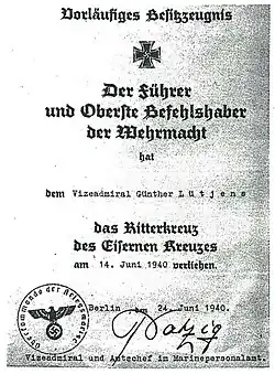 Temporary certificate for the Knight's Cross of the Iron Cross