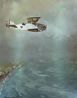 Colour watercolor of an aircraft flying over the coastline of France on the way over the Atlantic.