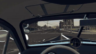 The player (in first-person) drives a car through the streets of Los Angeles.