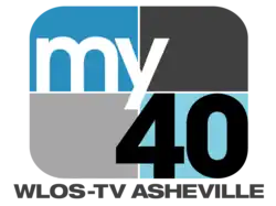A rounded rectangle divided into blue and gray parts with the word "my" in white and a black "40" in the lower right. Beneath is the text "W L O S - T V Asheville".