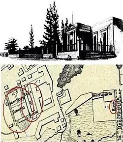 Map showing the cove of Juan Guillen and the cementerio general, facade and portico of the San Dionisio mental asylum (between hospital and cemetery), La Casa de Beneficencia y Maternidad de La Habana