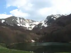 A mountain with a lake.