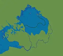 Lake Ladoga as part of the Ancylus Lake (between 9300 and 9200 yr BP). The dark green line marks the southern shoreline of Lake Ladoga during the Yoldia stage of the Baltic basin.
