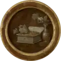 Gold coins in a treasure box, drawing moths. Shown with a vase of flowers.