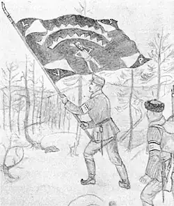A Finnish officer of the 1918 expedition waiving the Jagers flag. Drawing by Thorsten Renvall