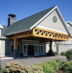 A large timber Howe truss in a commercial building.