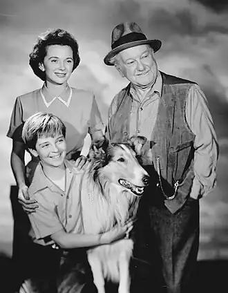 Original series stars Jan Clayton (as Ellen Miller—top left), George Cleveland (as Gramps—top right), and Tommy Rettig (as Jeff Miller—at bottom with Lassie)