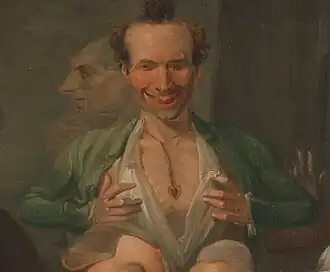 Oil painting of a grinning man opening his shirt to reveal a bony chest and a heart-shaped locket