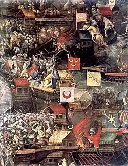 The painting of the 1571 Battle of Lepanto by Tommaso Dolabella (c. 1632) shows a variety of naval flags with crescents attributed to the Ottoman Empire