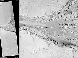 Lethe Vallis, as seen by HiRISE. Flow was from southwest to northeast. Wider part of Lethe Vallis had less erosive power, so mesas are left behind from pre-existing material. Lethe Vallis is a valley in the Elysium quadrangle. Scale bar is 500 meters long.