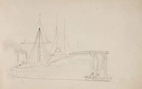 Barge with masts and tugboat