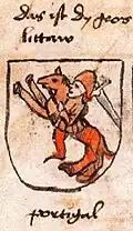 Lithuanian coat of arms, dating to 1475, which, judging from its archaic look, was likely redrawn from an even earlier painting[103]