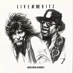 Black-and-white sketch of Ronnie Wood and Bo Diddley
