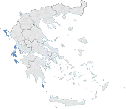 A map of Greece with the Ionian islands highlighted