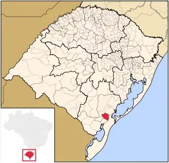 Map of the state of Rio Grande do Sul, Brazil highlighting Capão do Leão