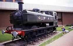 A green pannier tank locomotive stands on a short length of track on a gravel bed surrounded by grass. In the background is a brick building. The letters G W R are shown on the side of the pannier tank. A small box stands near the cab and is pointing to the wheels.