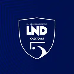 A dark blue background with a badge with LND Calcio a 5 written on it