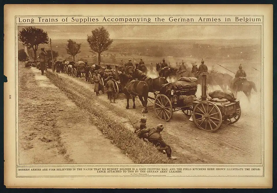 German cavalry with lances on the march, with a field kitchen, during the First World War, 1919